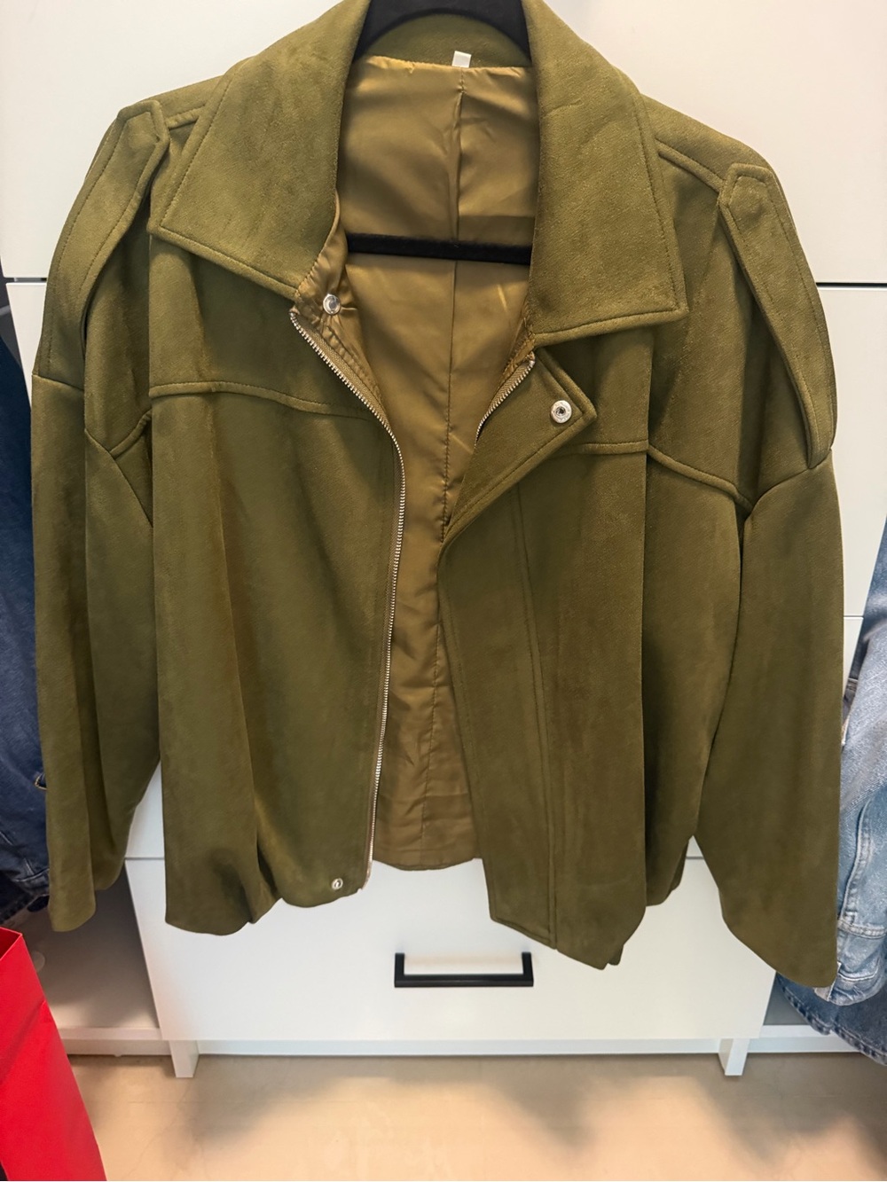 Olive Green Suede Jacket - Oversize Fit